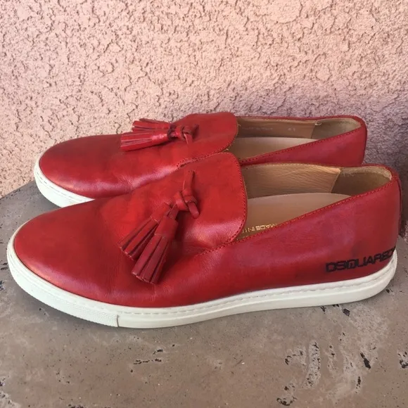 Dsquared2 Red Leather Tassel Loafers Kiltie Mens 8.5 Slip On Removable Insoles