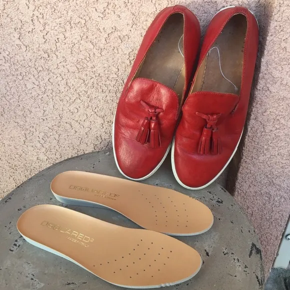 Dsquared2 Red Leather Tassel Loafers Kiltie Mens 8.5 Slip On Removable Insoles