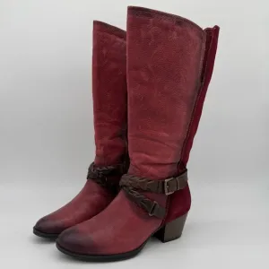 Earth Orchard Bordeaux Red Leather Tall Stacked Heel Western Boots Size 7.5
