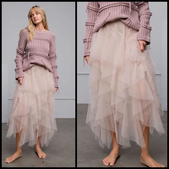 EASEL &quot;Fairy Tale&quot; Tiered Mesh Overlay Waterfall Lined Midi Maxi Ballerina Skirt