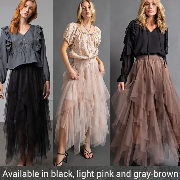 EASEL &quot;Fairy Tale&quot; Tiered Mesh Overlay Waterfall Lined Midi Maxi Ballerina Skirt