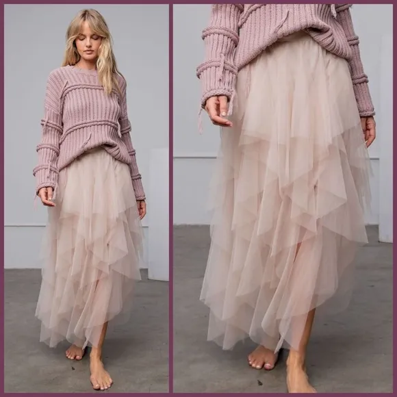 EASEL &quot;Fairy Tale&quot; Tiered Mesh Overlay Waterfall Lined Midi Maxi Ballerina Skirt