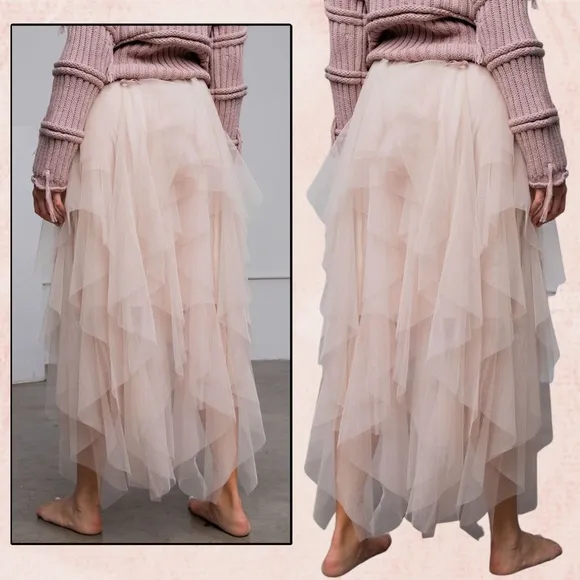 EASEL &quot;Fairy Tale&quot; Tiered Mesh Overlay Waterfall Lined Midi Maxi Ballerina Skirt