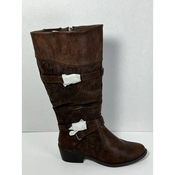 Easy Street Kelsa Plus Women's Brown Embroidered Boot Size 9.5 Wide Calf NWT
