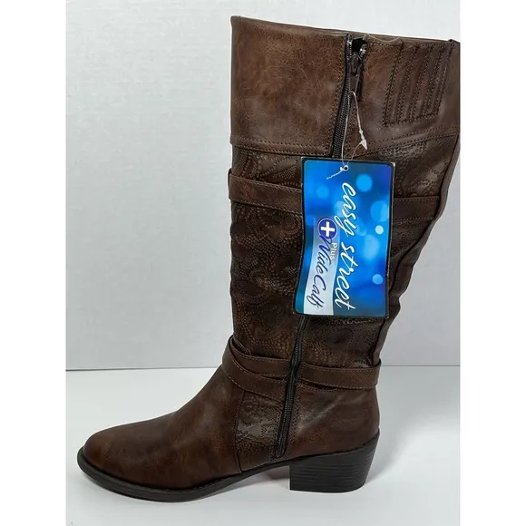 Easy Street Kelsa Plus Women's Brown Embroidered Boot Size 9.5 Wide Calf NWT