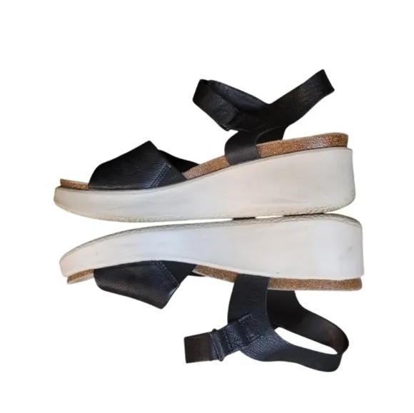 ECCO Black Pebbled Leather Flowt Wedge Cork Sandal Women's Size US 10-10.5 EU 41