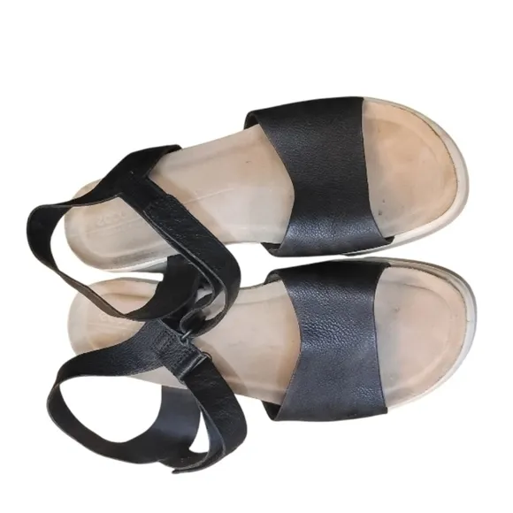ECCO Black Pebbled Leather Flowt Wedge Cork Sandal Women's Size US 10-10.5 EU 41