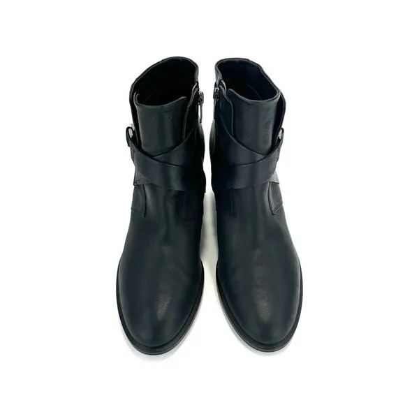 ECCO DANISH DESIGN BLACK LEATHER ALMOND TOE STACKED BLOCK HEEL ANKLE BOOT BOOTIE