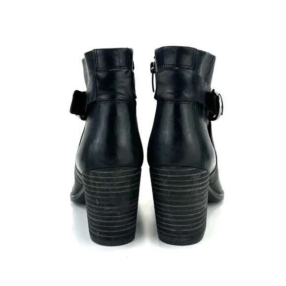 ECCO DANISH DESIGN BLACK LEATHER ALMOND TOE STACKED BLOCK HEEL ANKLE BOOT BOOTIE