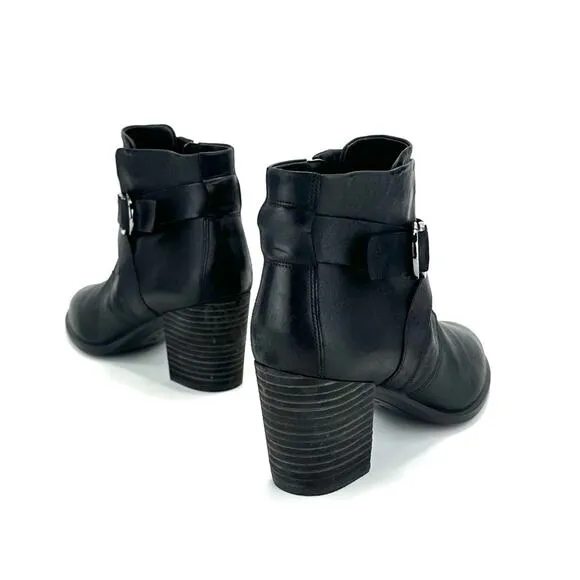 ECCO DANISH DESIGN BLACK LEATHER ALMOND TOE STACKED BLOCK HEEL ANKLE BOOT BOOTIE