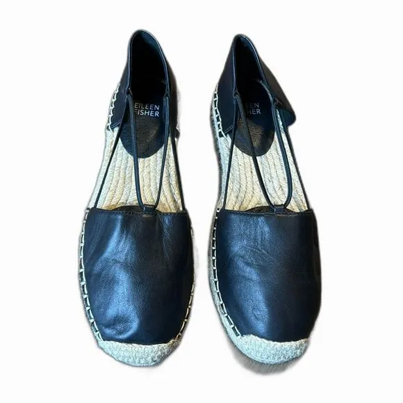 Eileen Fisher Lee Washed Black Leather Espadrilles flats size 9.5