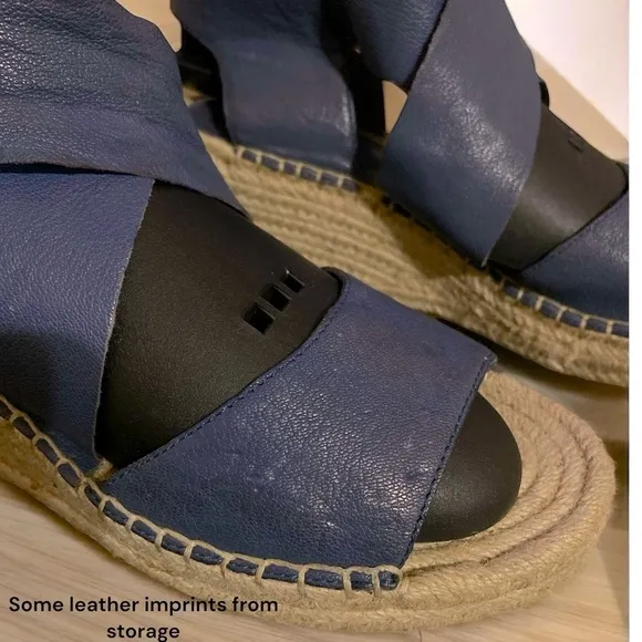 EILEEN FISHER RARE Willow Blue Leather Wedge Espadrille Sandals Women’s Size 9