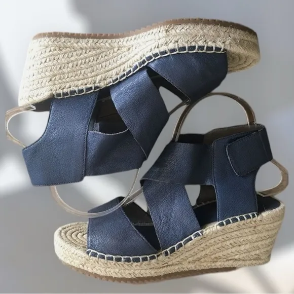 EILEEN FISHER RARE Willow Blue Leather Wedge Espadrille Sandals Women’s Size 9