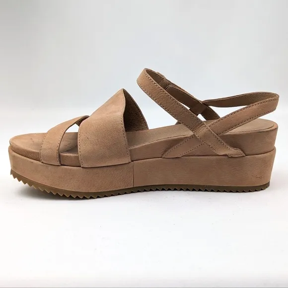 Eileen Fisher Suede Platform Wedge Sandals Open Toe Chunky Velcro Straps Tan 7.5