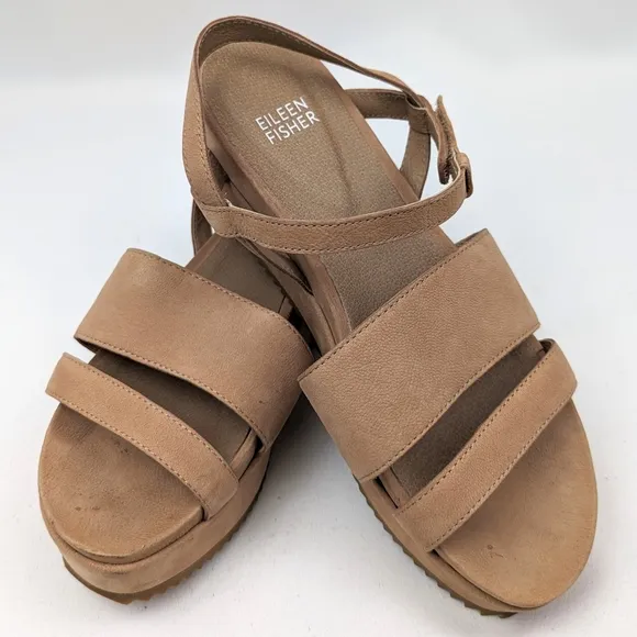 Eileen Fisher Suede Platform Wedge Sandals Open Toe Chunky Velcro Straps Tan 7.5
