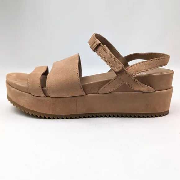 Eileen Fisher Suede Platform Wedge Sandals Open Toe Chunky Velcro Straps Tan 7.5