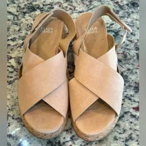 Eileen Fisher Tan CrissCross Strap Velcro Sling back Wedge Sandals - size 8 1/2