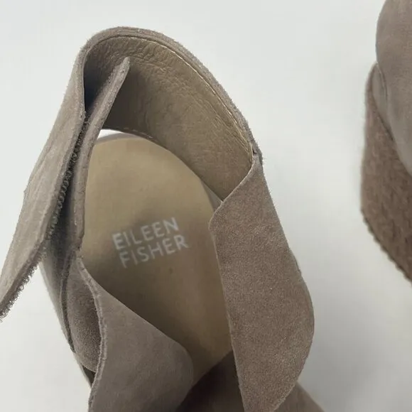 Eileen Fisher 'Willow' wedge espadrille platform sandals grey taupe suede 9.5