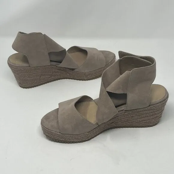 Eileen Fisher 'Willow' wedge espadrille platform sandals grey taupe suede 9.5