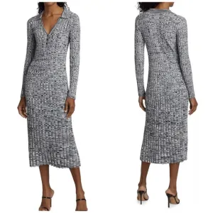 Elie Tahari Ribbed Polo Midi Sweater Dress Sky White Noir Space Dye Size XL