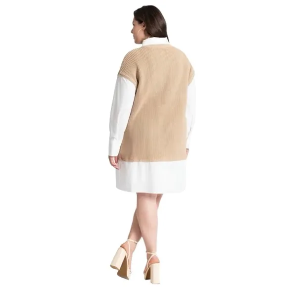 Eloquii Twofer Sweater Dress in Beige and White Size 18/20