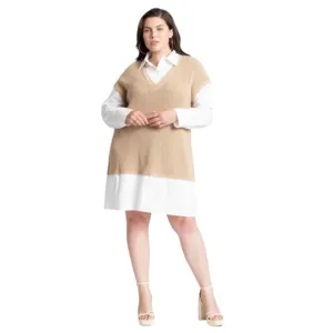 Eloquii Twofer Sweater Dress in Beige and White Size 18/20