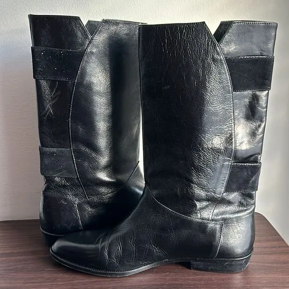 Emilio Franco Black Leather Mid Calf Pull On Boots Sz 8.5