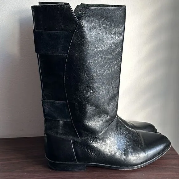 Emilio Franco Black Leather Mid Calf Pull On Boots Sz 8.5