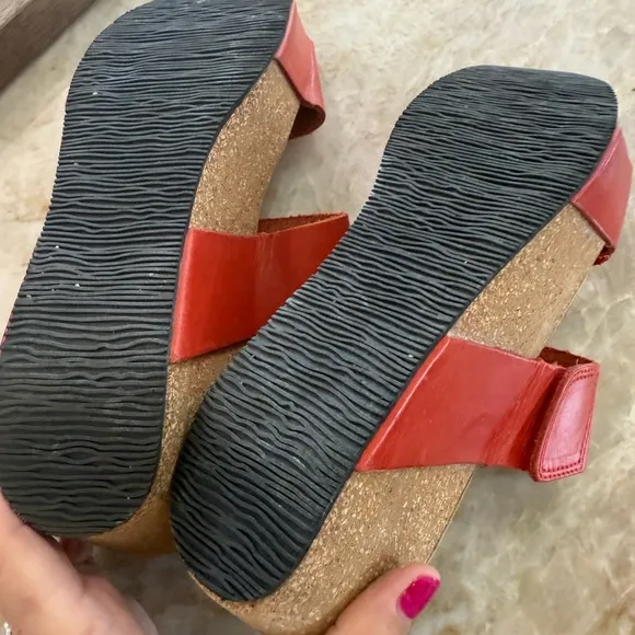 Eric Michael Lily Reddish Pink Sandals with Velcro Two-Strap Design.Cork wedge.