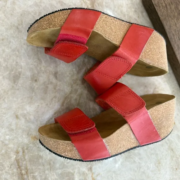 Eric Michael Lily Reddish Pink Sandals with Velcro Two-Strap Design.Cork wedge.