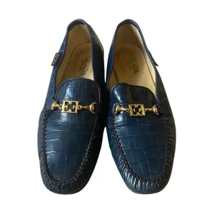 Escada | Embossed Leather Navy Loafers, Size 8.5