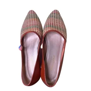 Etienne Aigner Woven Tweed Patterned Cognac Brown Leather Flats