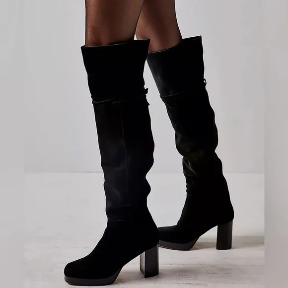 EUC FREE PEOPLE Echo Platform Over The Knee Boot Black Suede EU 41 Leather