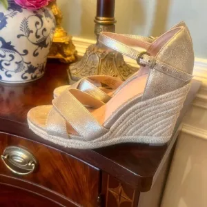 EUC J.Crew Jute Wedge Wedges Espadrilles Sandals Shoes Metallic Gold Size 7.5
