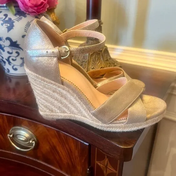 EUC J.Crew Jute Wedge Wedges Espadrilles Sandals Shoes Metallic Gold Size 7.5