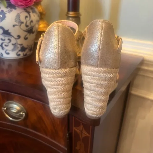 EUC J.Crew Jute Wedge Wedges Espadrilles Sandals Shoes Metallic Gold Size 7.5