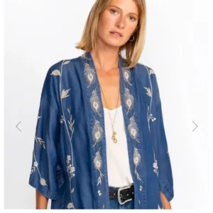 EUC Johnny Was Workshop Calipso Tencel Kimono Blue Cream XL‎ Tencel embroidered
