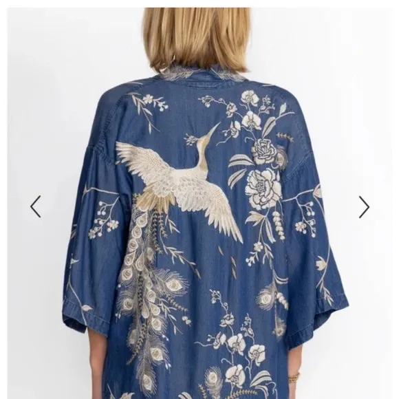 EUC Johnny Was Workshop Calipso Tencel Kimono Blue Cream XL‎ Tencel embroidered