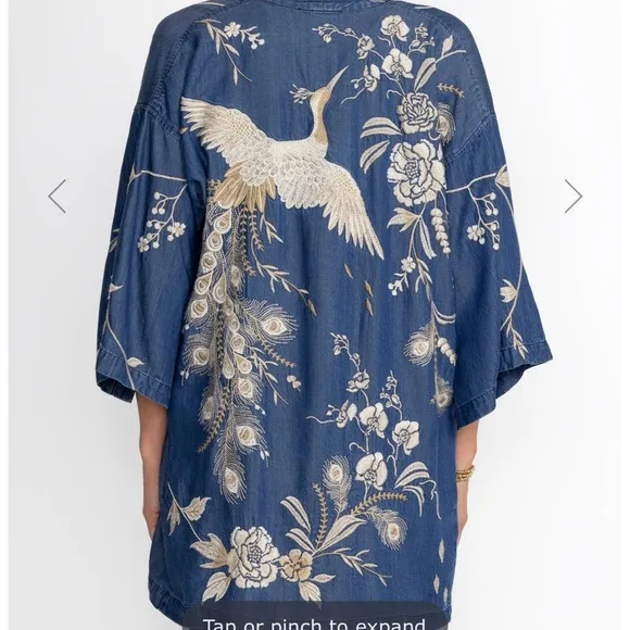 EUC Johnny Was Workshop Calipso Tencel Kimono Blue Cream XL‎ Tencel embroidered