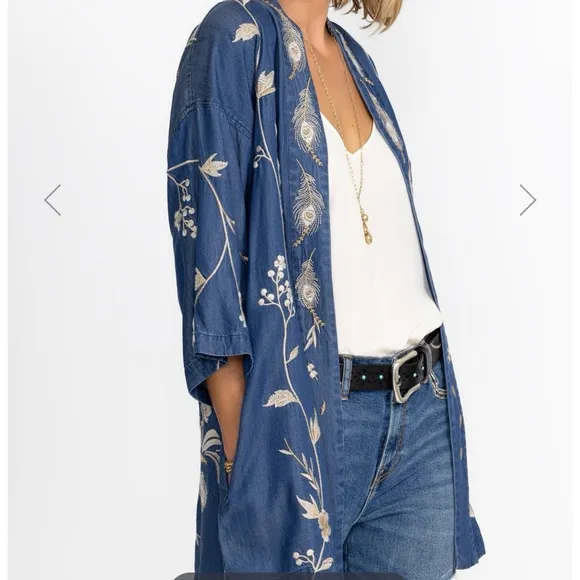 EUC Johnny Was Workshop Calipso Tencel Kimono Blue Cream XL‎ Tencel embroidered