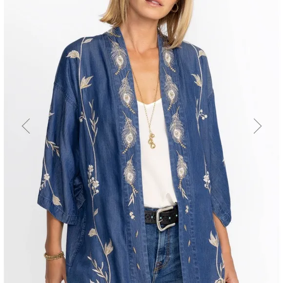 EUC Johnny Was Workshop Calipso Tencel Kimono Blue Cream XL‎ Tencel embroidered