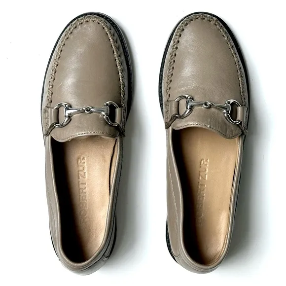 EUC Robert Zur Greige Leather Horse Bit Loafers, size 7.5