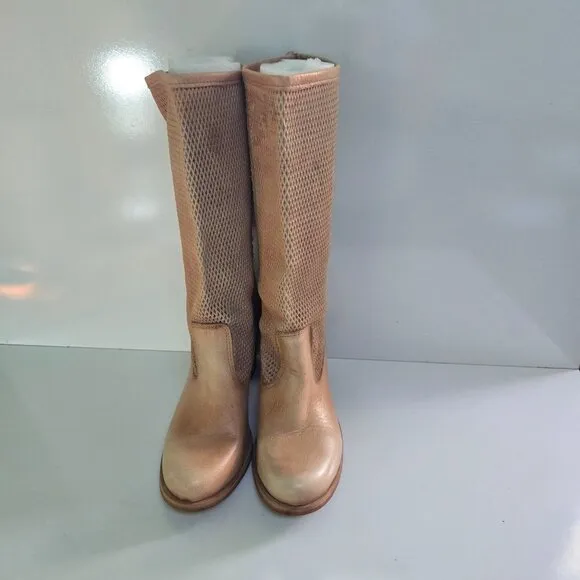 Felonioni Italian Tan Leather Perforated Shaft Mid Calf Pull On Boots Size 7