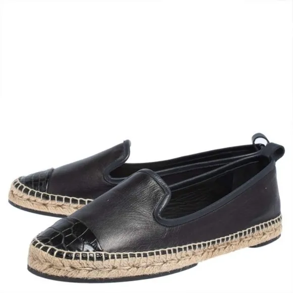 Fendi Leather Black Croc Embossed Cap Toe Junia Espadrilles Flats Size 37