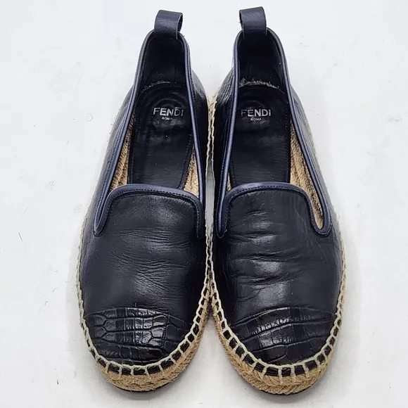 Fendi Leather Black Croc Embossed Cap Toe Junia Espadrilles Flats Size 37
