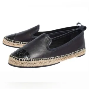 Fendi Leather Black Croc Embossed Cap Toe Junia Espadrilles Flats Size 37
