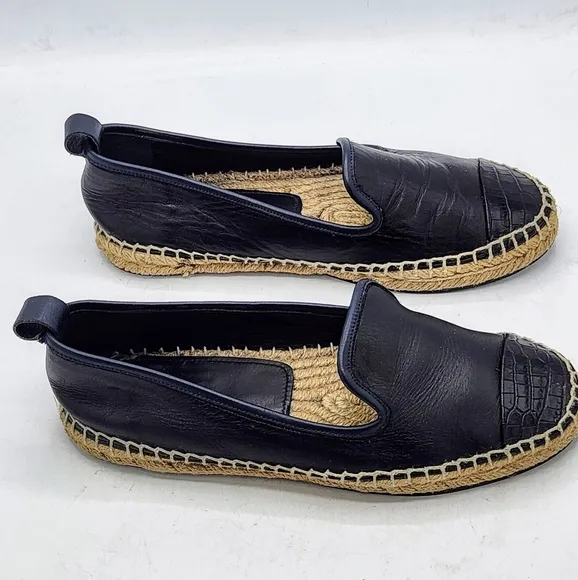 Fendi Leather Black Croc Embossed Cap Toe Junia Espadrilles Flats Size 37