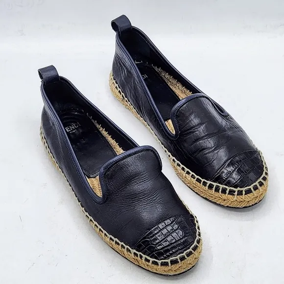 Fendi Leather Black Croc Embossed Cap Toe Junia Espadrilles Flats Size 37