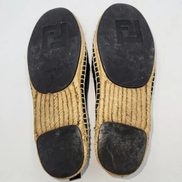 Fendi Leather Black Croc Embossed Cap Toe Junia Espadrilles Flats Size 37