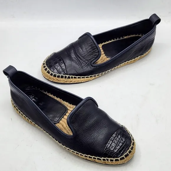 Fendi Leather Black Croc Embossed Cap Toe Junia Espadrilles Flats Size 37